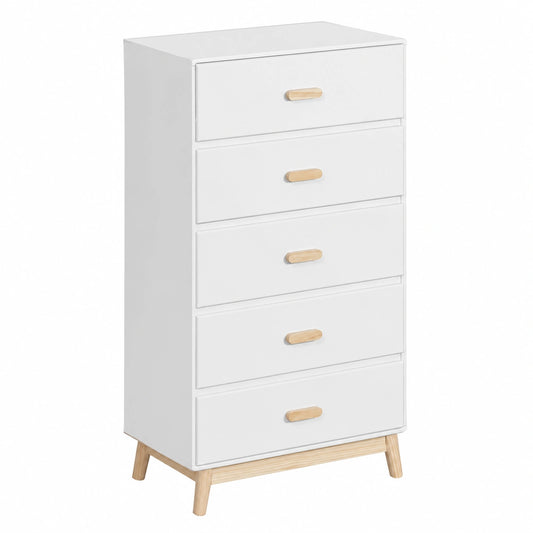 Cassettiera Bambini in Legno Bianco e Marrone con 5 Cassetti e Sistema Anti-Ribaltamento