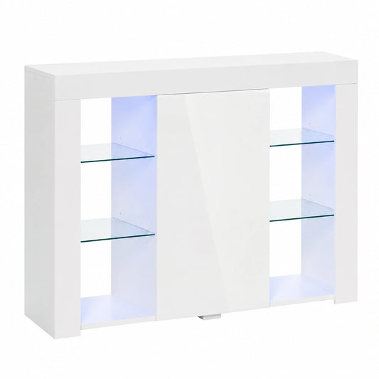 Mobile Buffet Moderno con LED e Ripiani in Vetro, Bianco Lucido, 97x35x83 cm