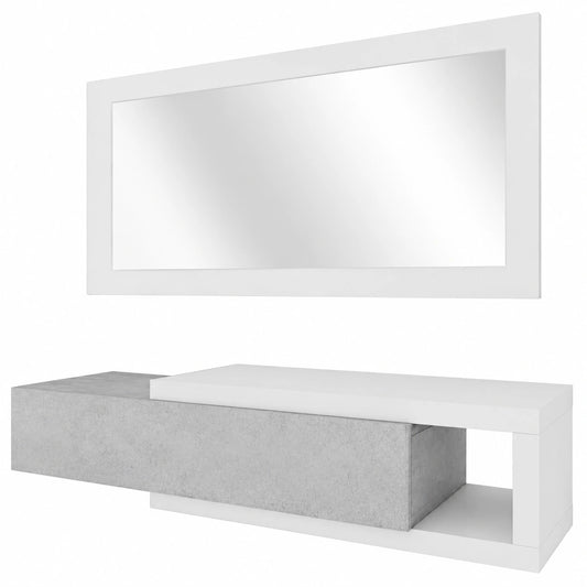 Mobile da Ingresso Moderno con Specchio e Mensola, Bianco e Grigio Cemento, 95 x 26 x 19 cm