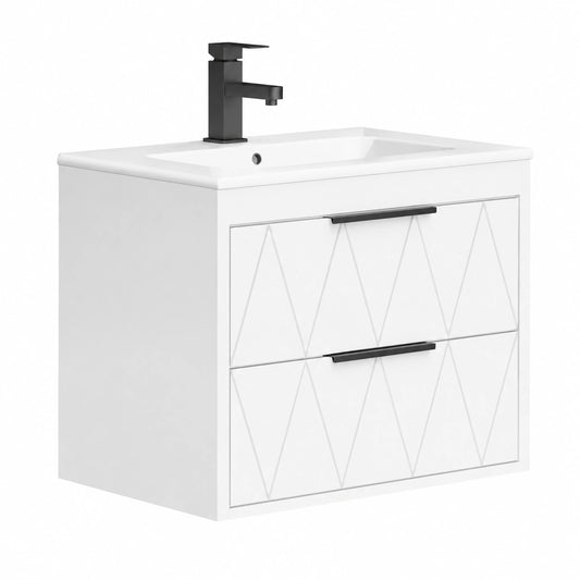 Mobile Bagno Sospeso con Lavabo in Ceramica e Cassetti Soft-Close, 75CM, Bianco Moderno