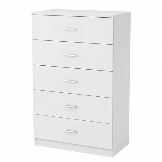 Cassettiera Moderna in Nobilitato Bianco per Camera o Soggiorno con 5 Cassetti, 60x40x110 cm