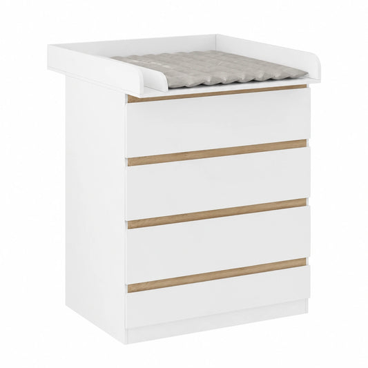 Fasciatoio per Neonati con 4 Cassetti, Struttura in MDF e Rovere, Bianco