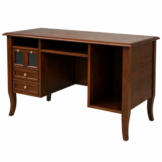 Scrivania in Legno Stile Classico con Porta Tastiera e Cassetti