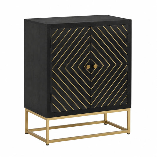 Mobile in Legno di Mango Nero e Oro con 2 Ante, 55x30x75 cm, Stile Moderno