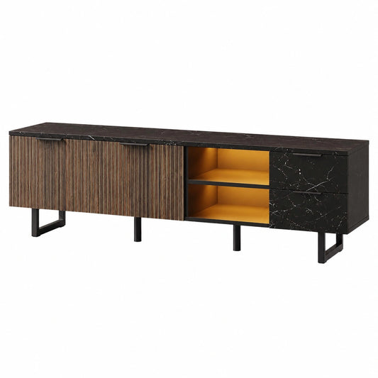 Mobile TV Azkoeesy 200 cm con LED e finitura marmo, struttura in metallo e design moderno per soggiorno