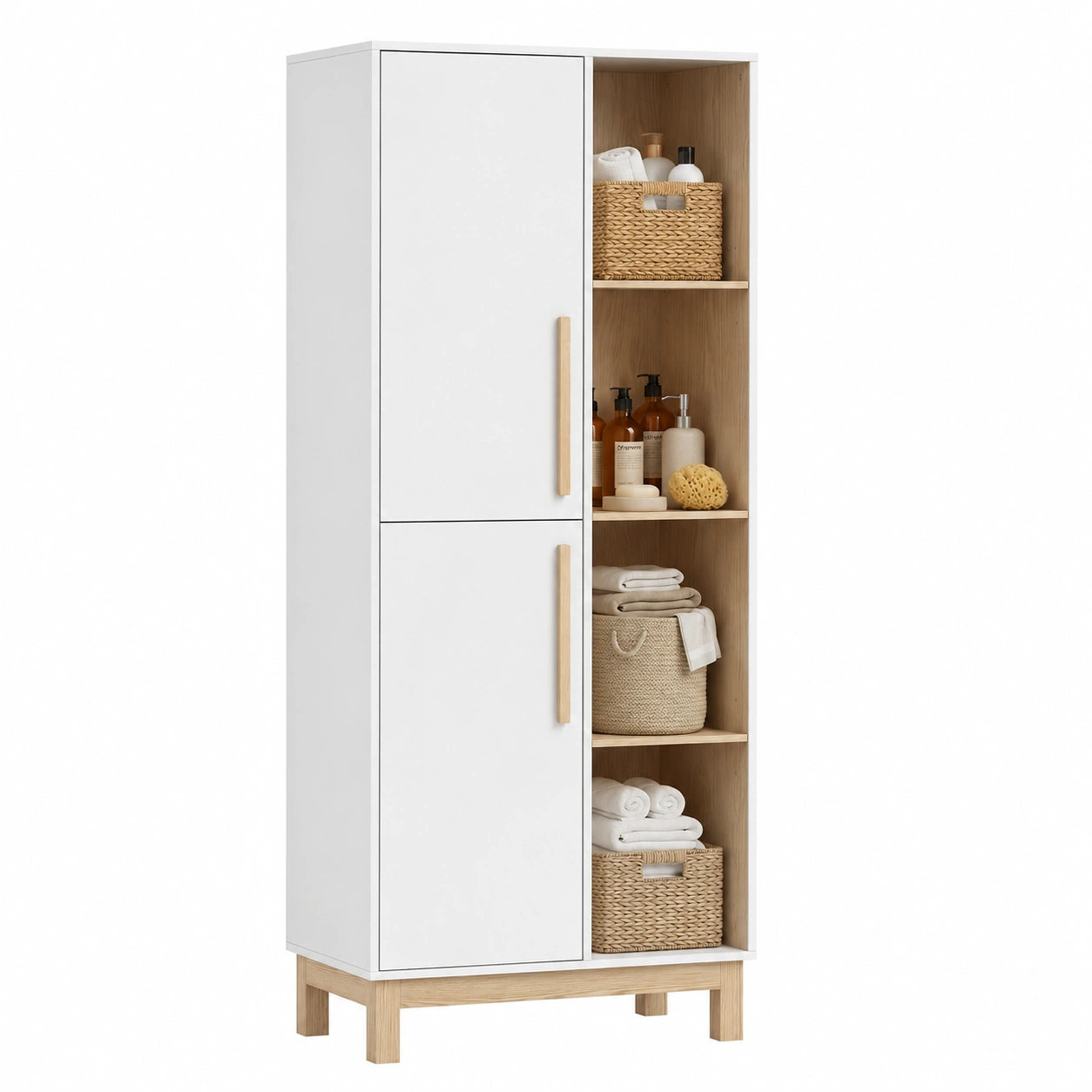 Armadio Alto da Bagno con Ripiani Regolabili e Ante, Design Moderno per Soggiorno e Lavanderia, Bianco, 62.5x35x176 cm