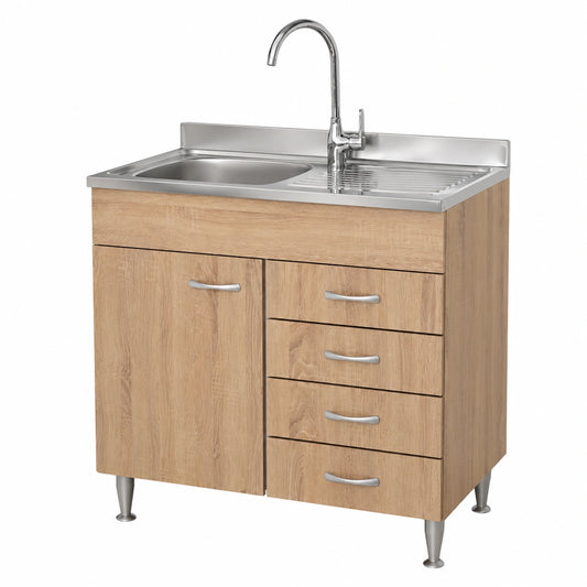 Mobile cucina rovere con lavello inox e scolapiatti, 80 cm