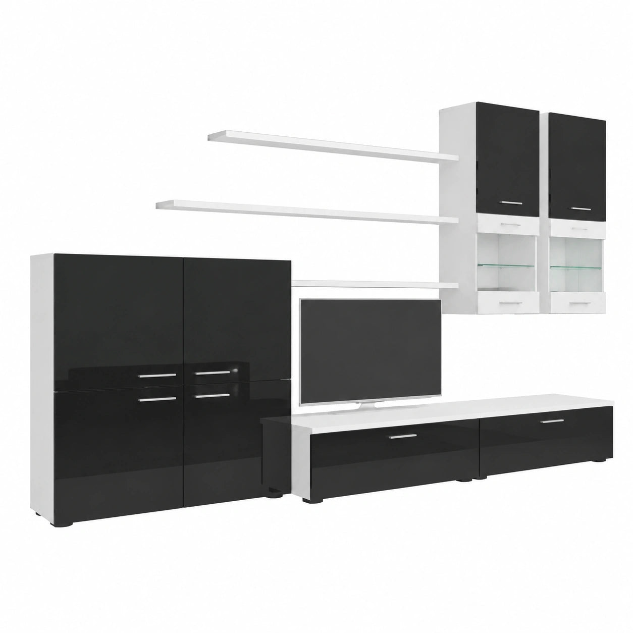 Arredo Soggiorno Moderno con LED, 300x189x42 cm, Bianco/Nero