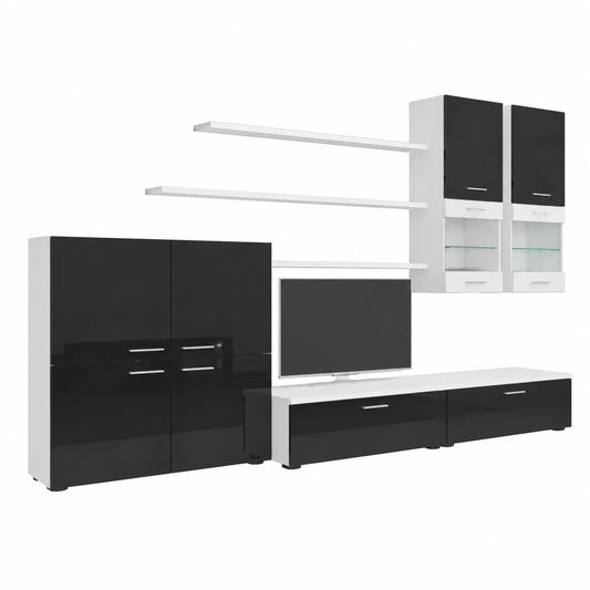 Arredo Soggiorno Moderno con LED, 300x189x42 cm, Bianco/Nero
