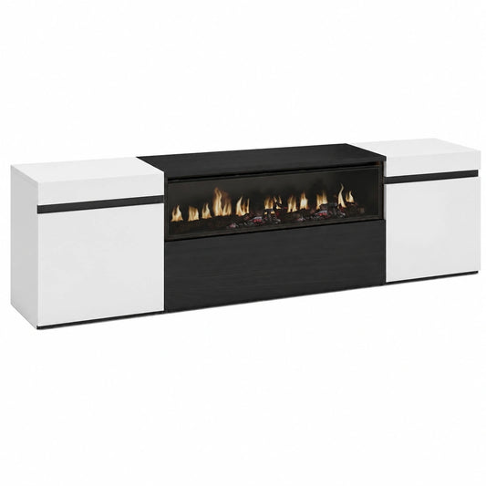 Mobile TV moderno con camino elettrico, 200x45x35cm, bianco e nero, adatto per TV fino a 80 pollici