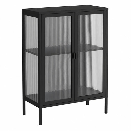 Mobile Contenitore Moderno in Nero con Vetro Temperato e Acciaio Inox, 75x35x105 cm, per Soggiorno o Camera da Letto, Design Italiano con Ripiani Regolabili