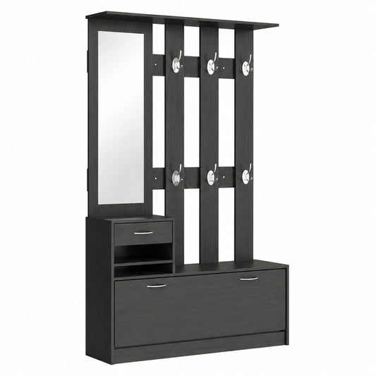 Set Mobili Ingresso con Scarpiera e Specchio, Appendiabiti Moderno con 6 Ganci e Cassetti Regolabili, 90x24x177 cm, Nero